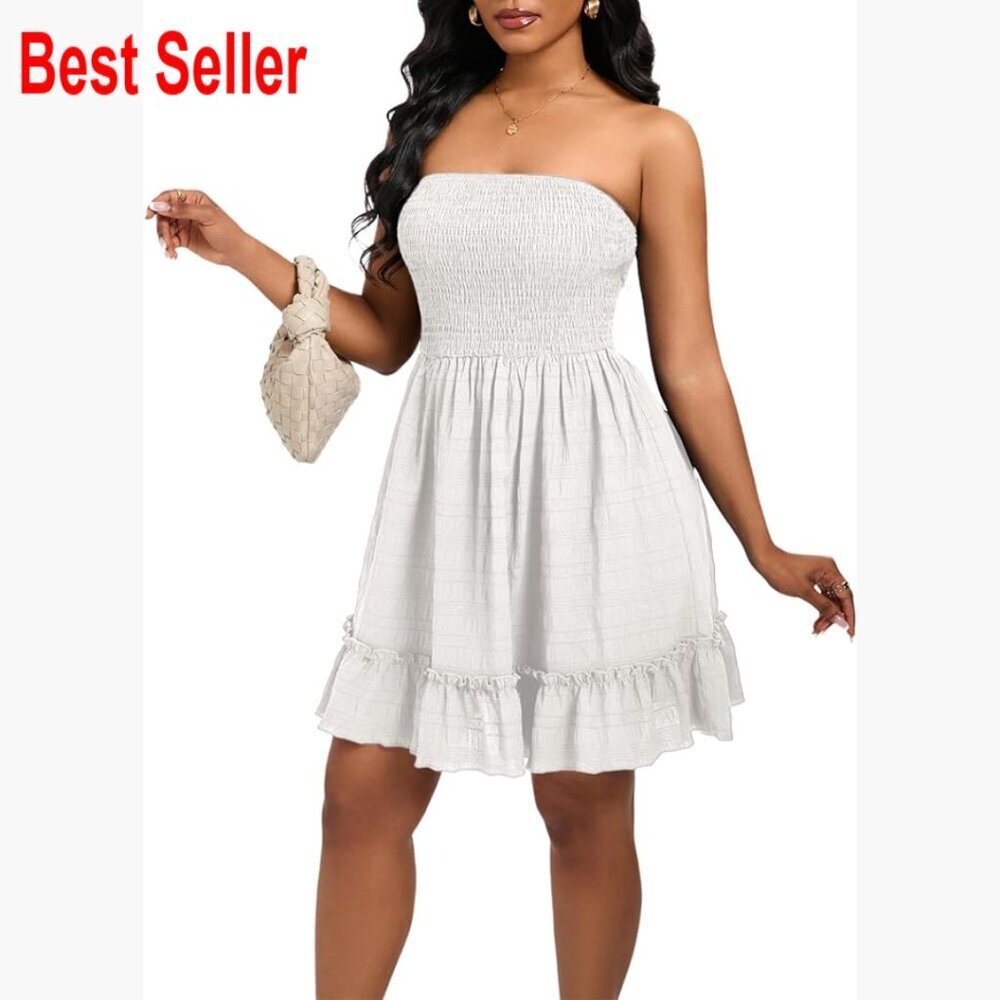 Strapless Mini Dress with Smocked Bodice and Ruffle Hem